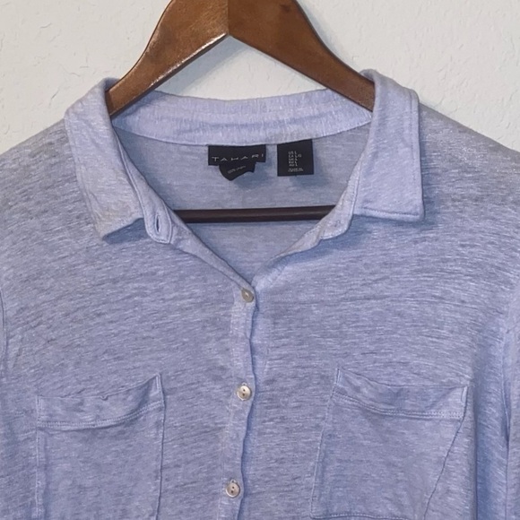 Women's Tahari Light Blue 100% Linen Button Down Collared Shirt - Picture 3 of 10